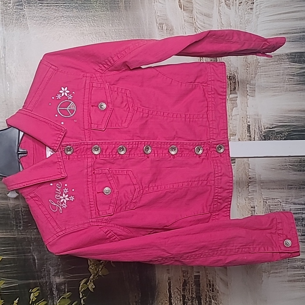 Justice Girls 14 hot pink denim jean jacket sparkly fun embroidered Love